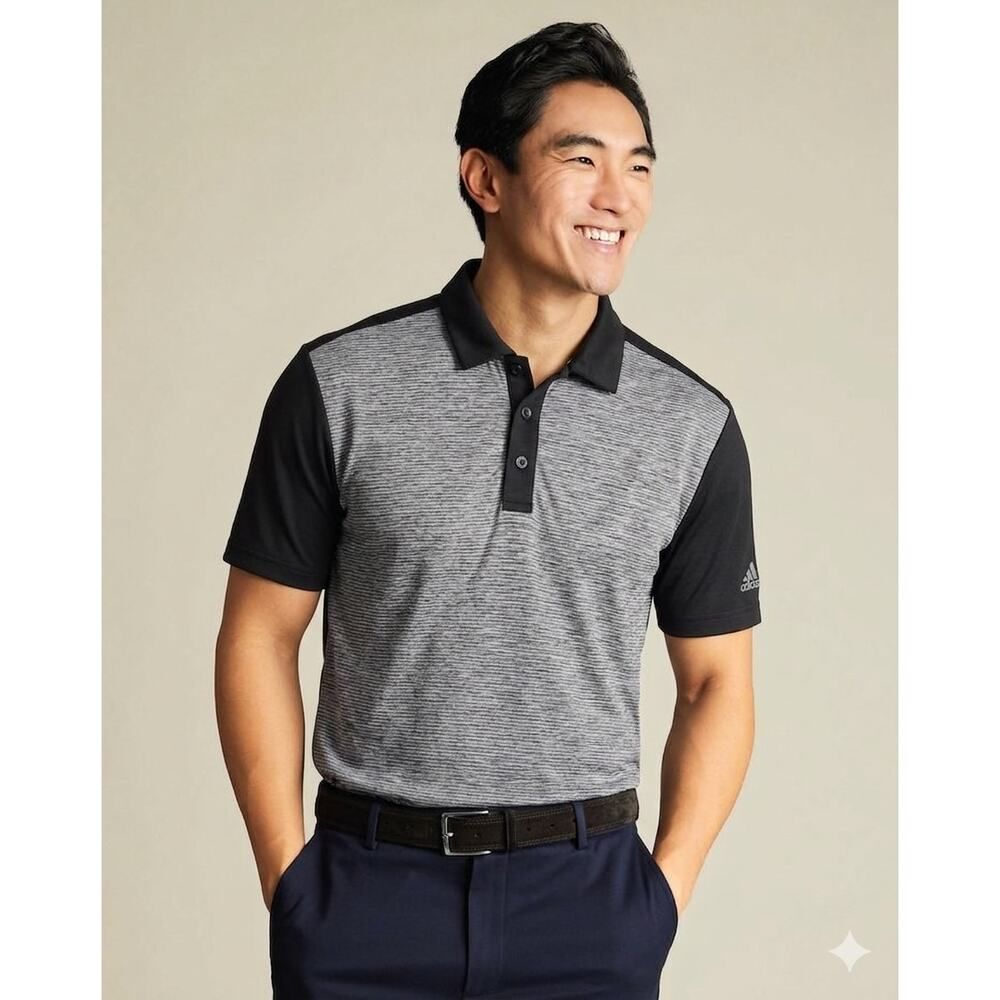 Adidas Golf Polo Shirt Mens Small Black Gray Striped Performance Comfort Casual